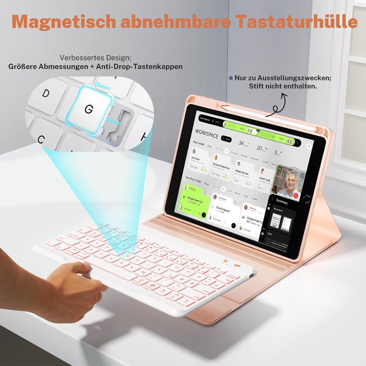 OYEEICE Hülle mit Tastatur für iPad 9/8/ 7 Generation 10,2 Zoll, Vergrösserte Anti-Falloff Tastenkap