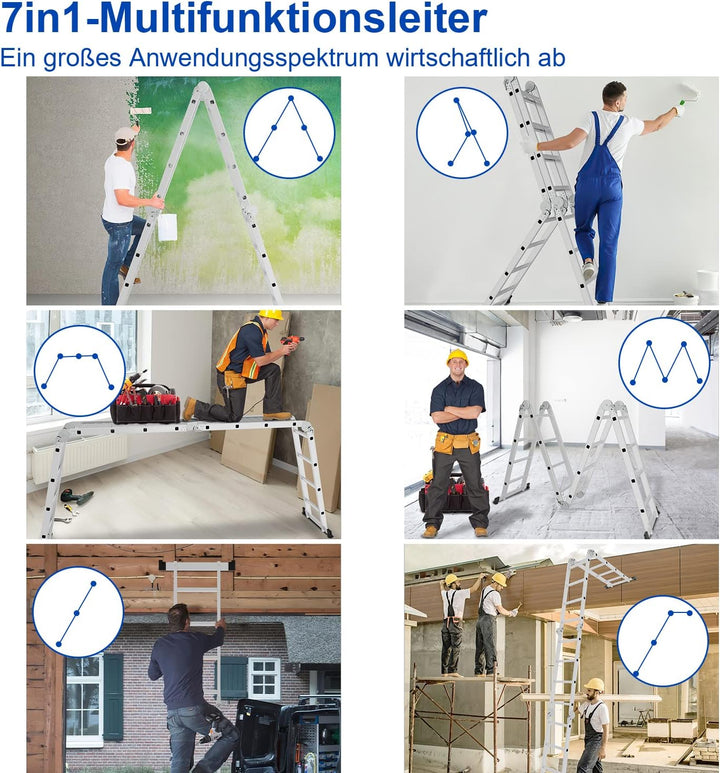4x4 Mehrzweckleiter Aluminium, 470 cm Multifunktionsleiter Klappleiter mit 2 Plattform und 2 Räder,