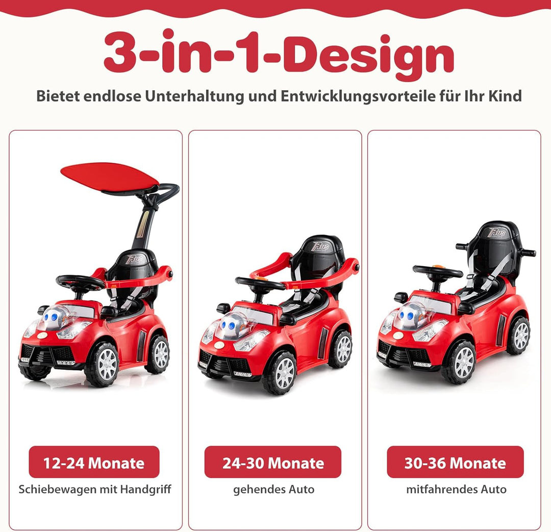 COSTWAY 3-in-1 Rutschauto mit Schiebestange, Rutschfahrzeug mit Hupe, Musik, Licht & Sicherheitsgurt