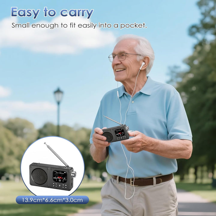16GB Tragbares Radio mit Bluetooth 5.3, 30 Stunden ultralanger Akku-UKW-Radio, Farbdisplay, Wecker u