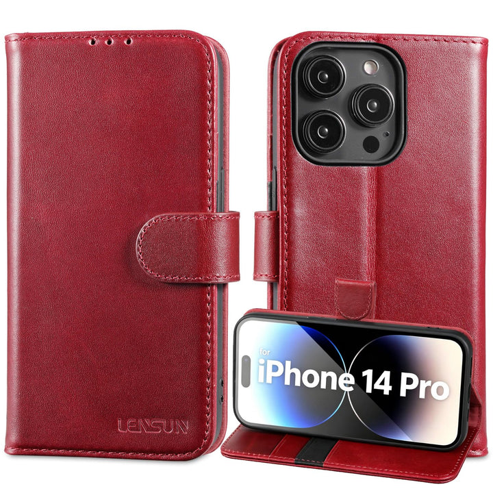 LENSUN Echtleder Hülle für iPhone 14 Pro, Premium Schutzhülle - Weinrot | Handyhülle Echtes Leder, L