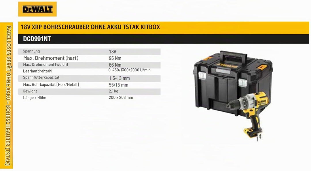 Dewalt 18 Volt 3-Gang Akku-Bohrschrauber DCD991NT (3-Gang Vollmetallgetriebe, bürstenloser Motor, 11