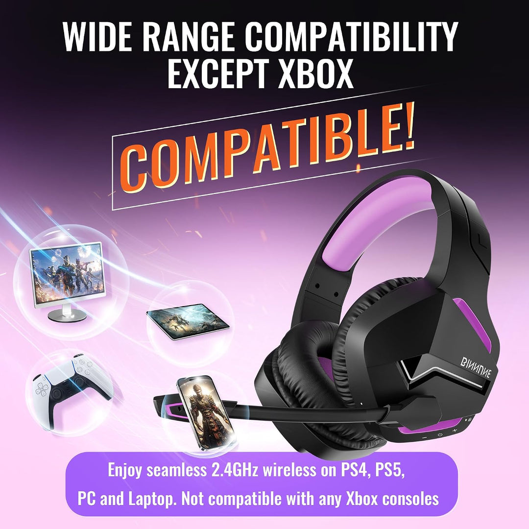 BINNUNE Gaming Headset, Wireless Headset für PS4 PS5 PC PlayStation 4 5, Gaming Kopfhörer mit Mikrof