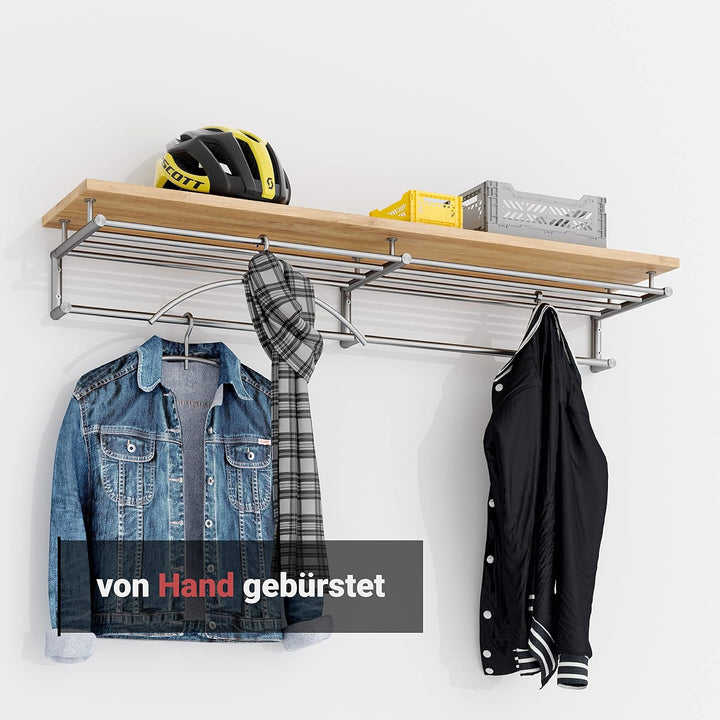 PHOS Design, G18-1200-Eiche, 120 cm Edelstahl Wandgarderobe mit Kleiderstangen und einer Ablage aus