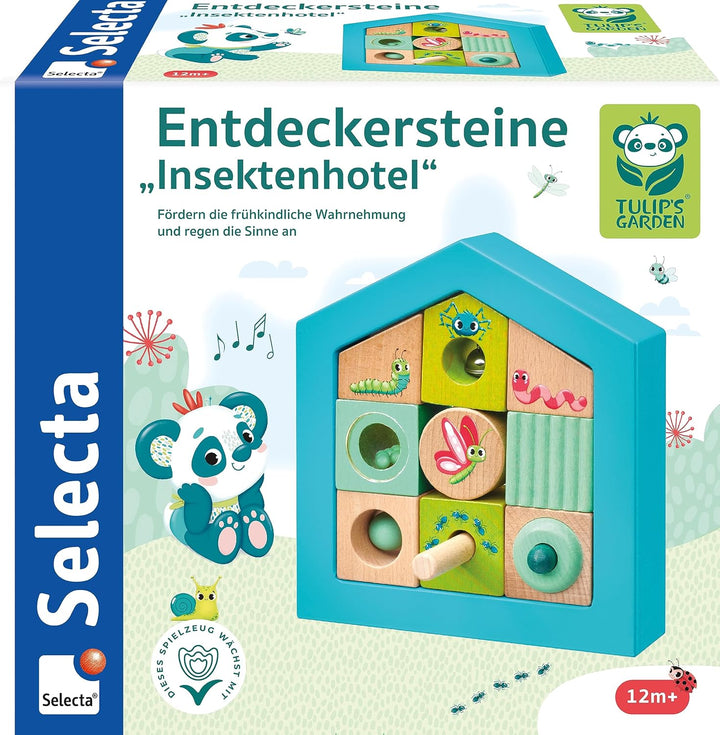 Selecta 62087 Tulips Garden, Entdeckersteine Insektenhotel, 11 Teile aus Holz, bunt