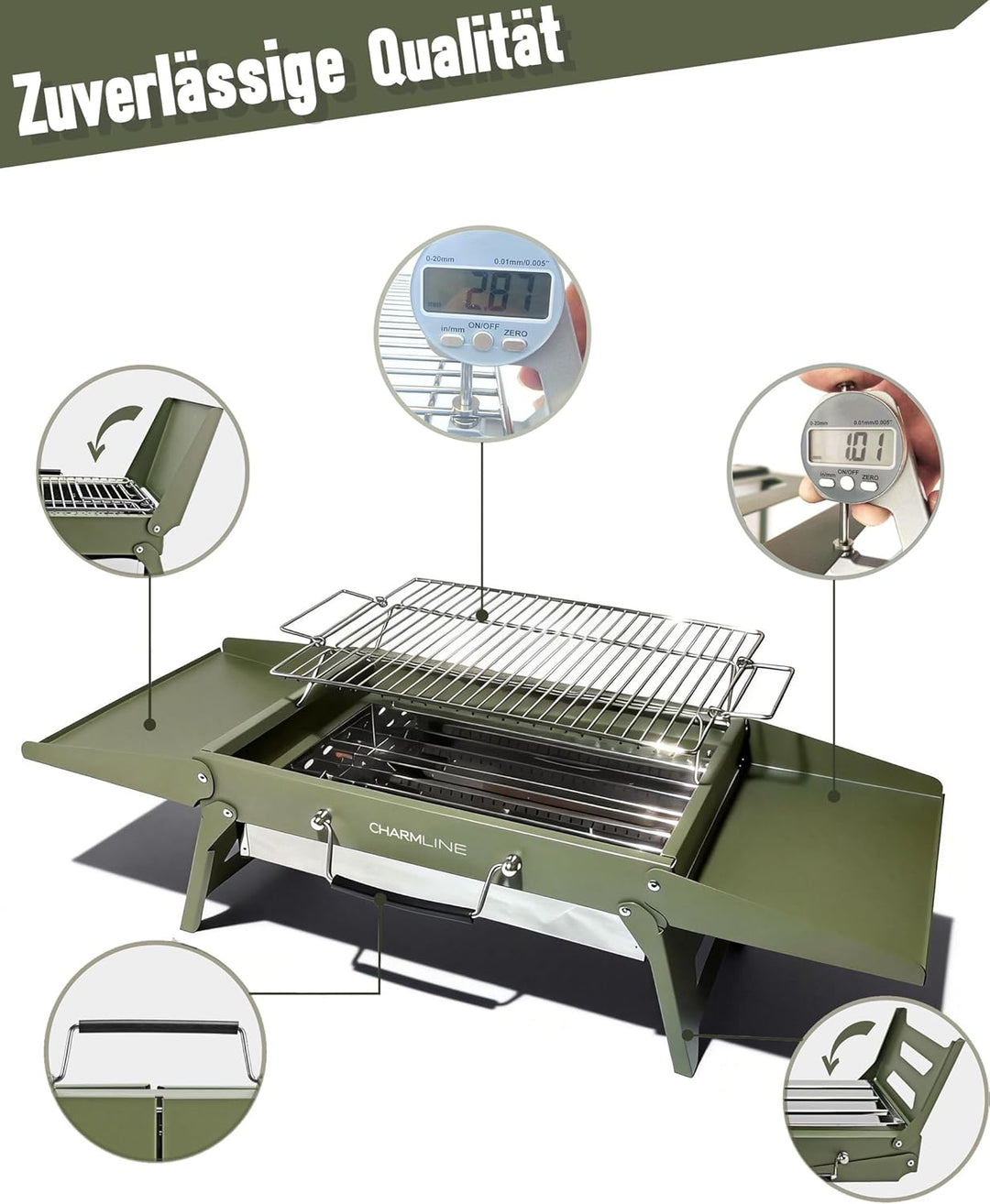 Charmline Tragbarer Holzkohlegrill, Klappbarer Campinggrill 39 x 27 cm für 2–4 Personen, Kleiner BBQ