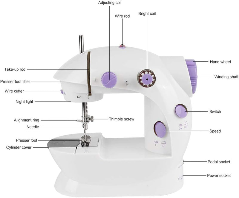 Nähmaschine für Kinder und Anfänger, Mini-Nähmaschine mit Fusspedal, LED Licht, Zweidraht-Zwei, Arbe