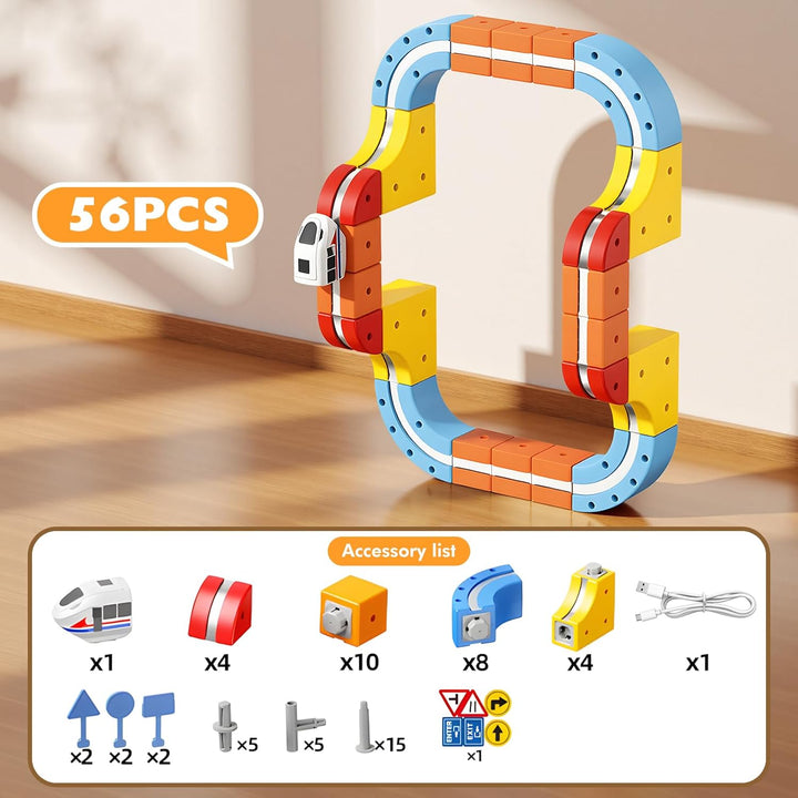 56 Pcs Clickrail Electric Train Set, Geschenk Junge Mädchen 3 4 5 6 7 8 Jahre DIY Cube Track Spielze