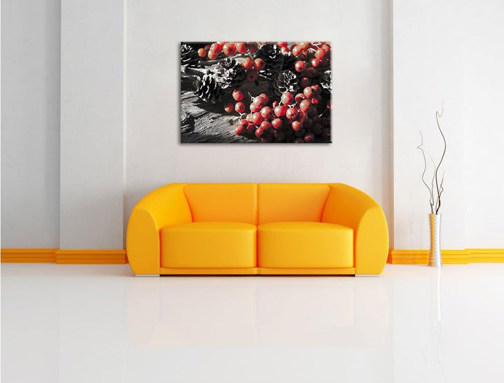 Pixxprint Vogelbeeren und Tannenzapfen als Leinwandbild/Grösse: 100x70 cm/Wandbild/Kunstdruck/fertig