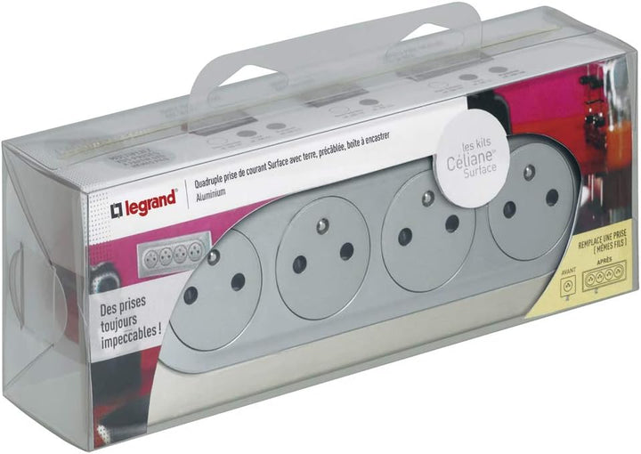 Legrand Céliane Komplettset 4 Steckdosen, zweipolig, mit Erdung, verdrahtet, Silber, 200227, 230 vol