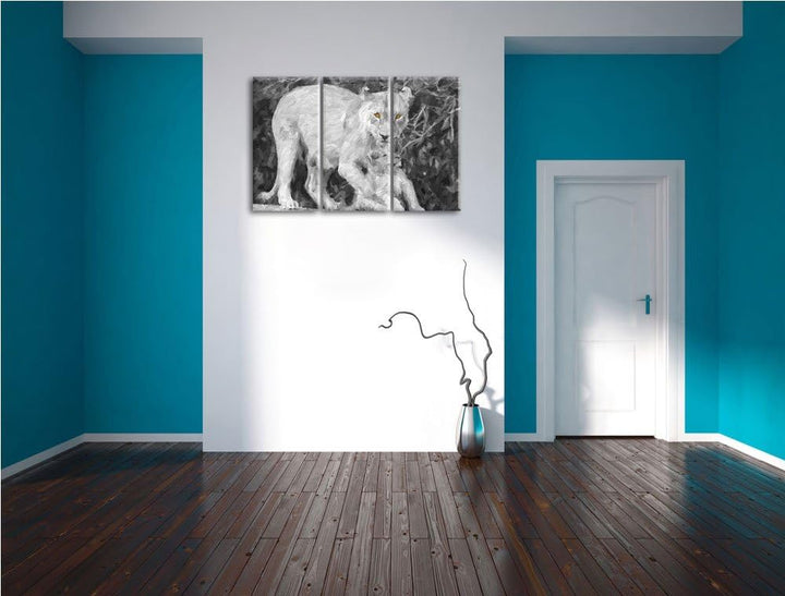 liebevolle Löwin spielt mit Jungtier schwarz/weiss Deluxe 3-Teiler Leinwandbild 120x80 Bild auf Lein