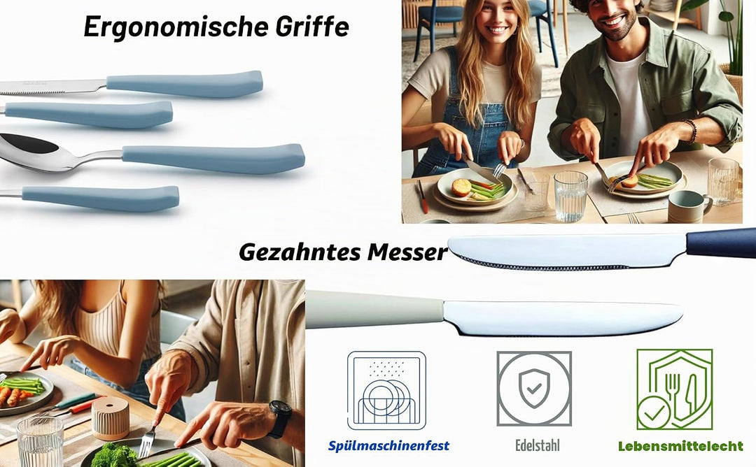 EXZACT Besteck Set 16 Stück - Edelstahl mit Kunststoff-Handgriffen - Bequem zu halten - 4 x Gabeln,