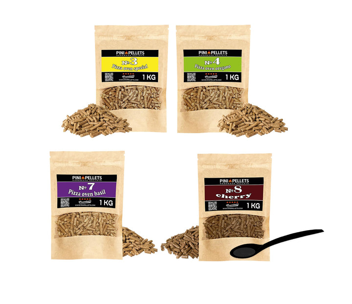 PINI Naturholzpellets Set 4X 1 kg für Pizzaofen aus 4 Sorten - Pizzapellets Nr 3, Oregano Nr. 4, Bas