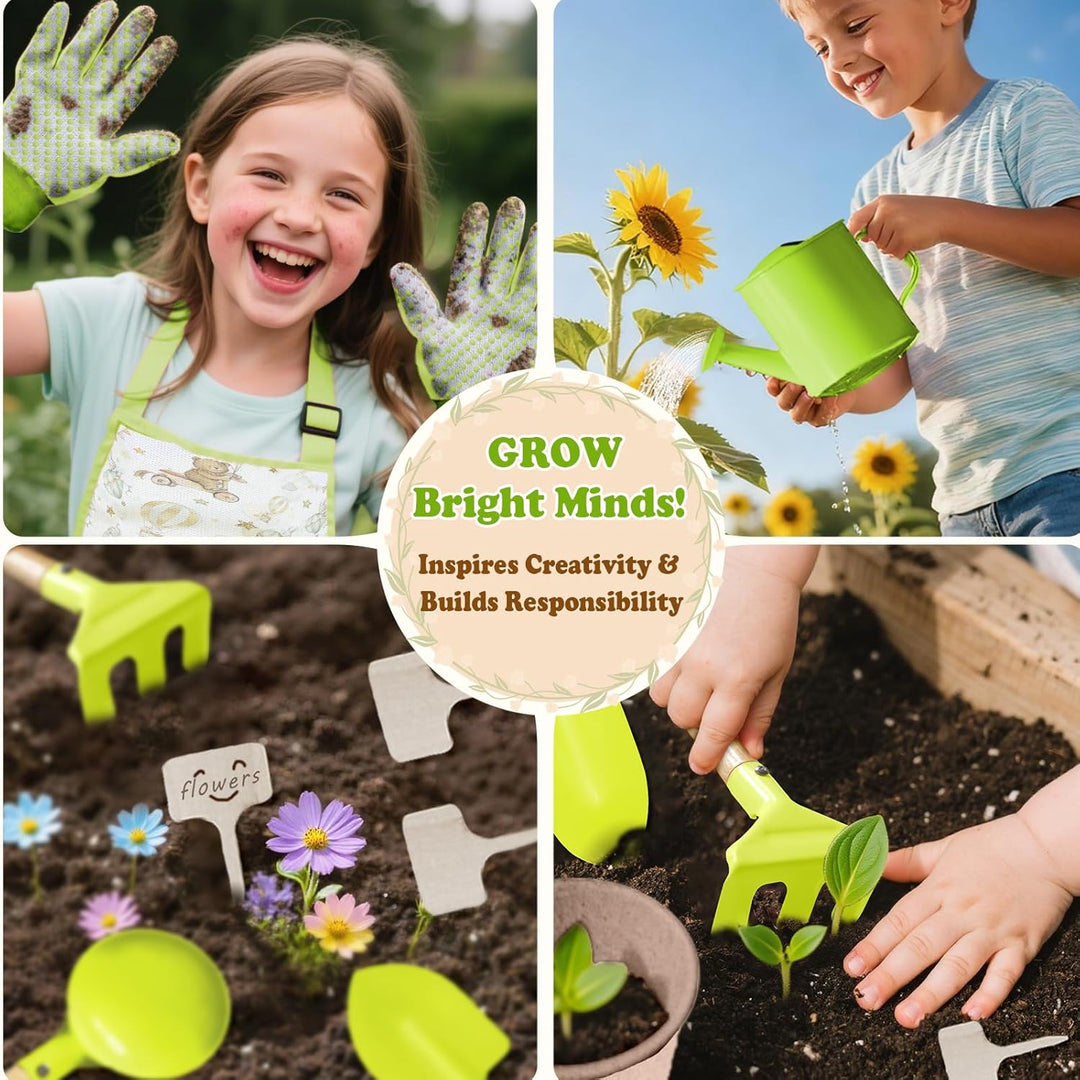 Kinder Gartengeräte Set 18-teilig - Gartenwerkzeug für Kinder inkl. Tragetasche, Giesskanne, Schürze