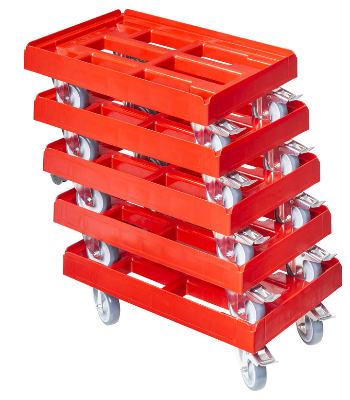 5 Stück Transportroller für Kisten 60 x 40 cm mit 2 Bremsen in rot