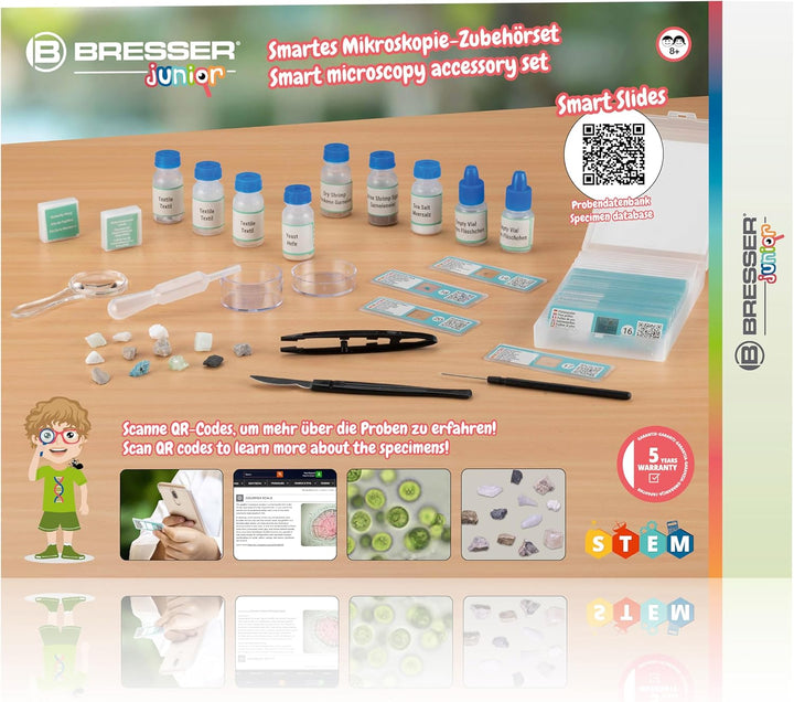 Bresser Junior smartes Mikroskop Zubehörset mit verschiedenen Steinen und Dauerpräparaten und vielem