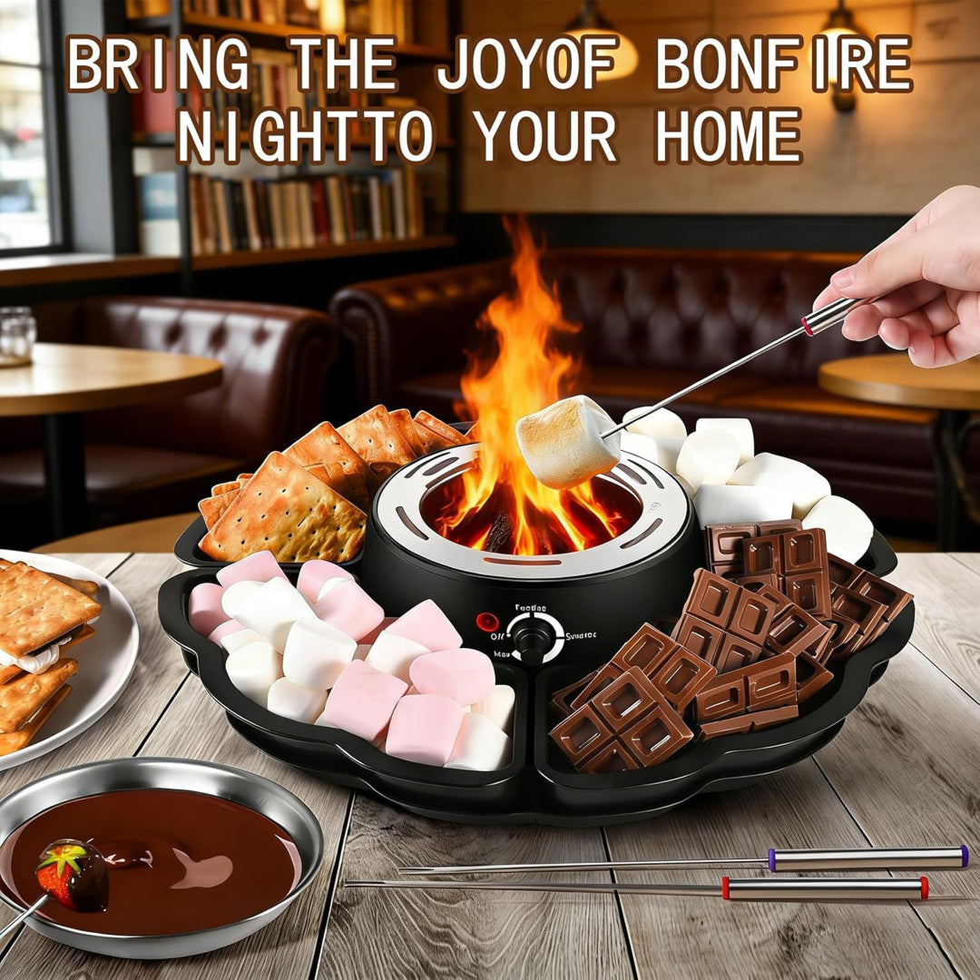 Schokoladenfondue, 2-in-1 Schokofondue Elektrisch & S’mores-Maker, Tischgerät für Innen mit 4 Röster