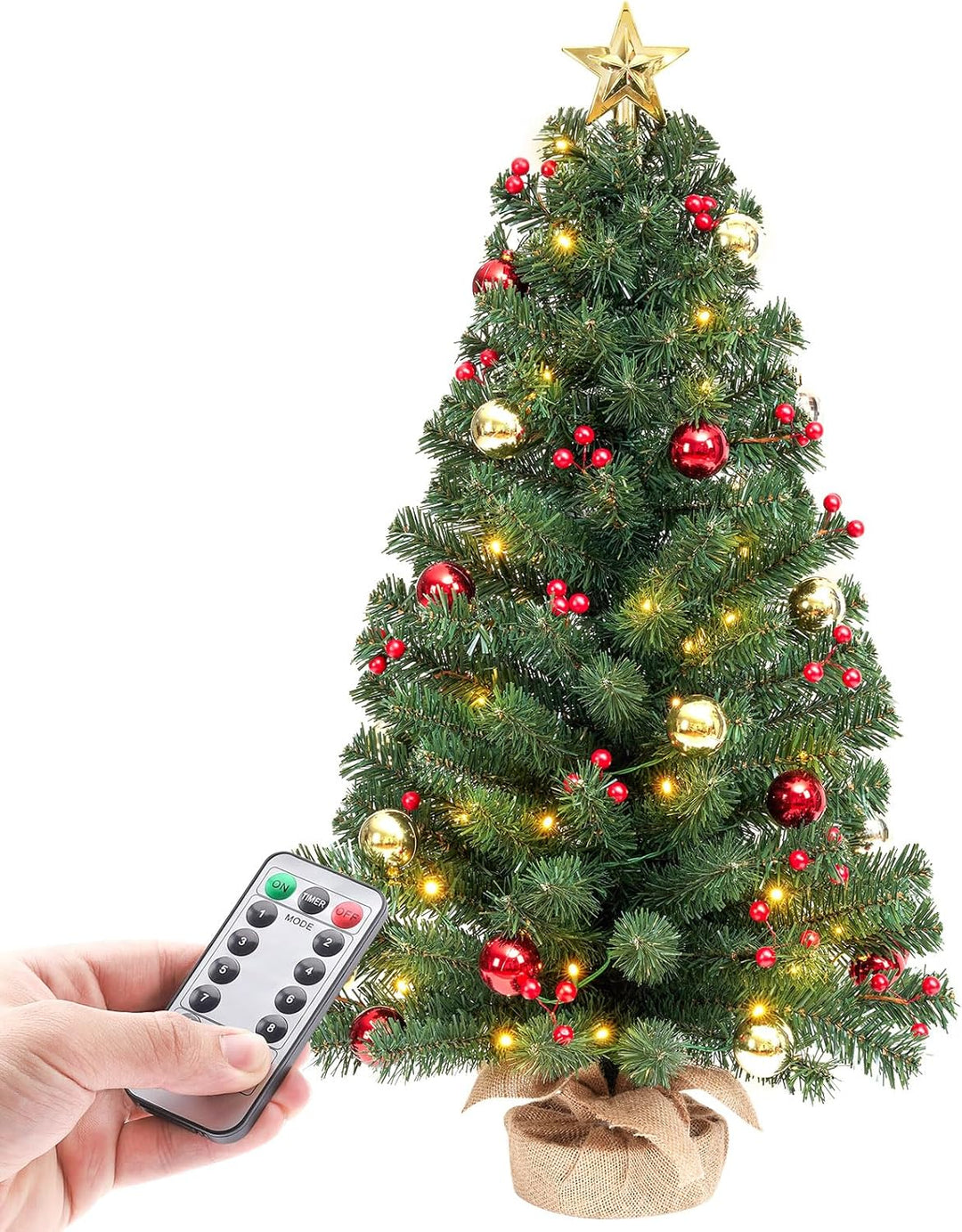 Yorbay Mini Weihnachtsbaum mit 50 warmweiss LEDs 8 Licht Modi, Tannenbaum mit Stern-Baumspitze und D