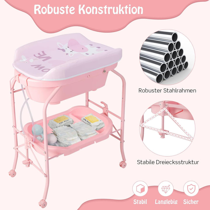 DREAMADE 2 in 1 Wickeltisch & Badewanne mit Gestell, Wickeltisch Klappbar, Wickelkommode auf Rollen