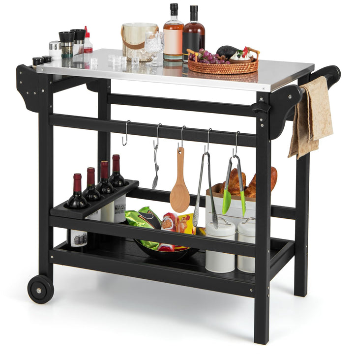 GOPLUS Grillwagen, Grilltisch Outdoor mit Griff, Ablagen, Haken, Winehalter & Rollen, multifunktiona