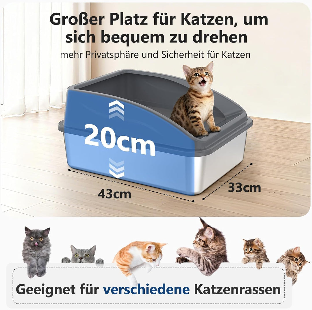 FURTIME Katzenklo Edelstahl, Katzentoilette Edelstahl 18L mit Schaufel, Katzenklo Metall mit Hochwan