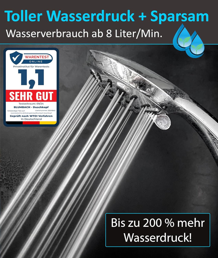 BLUMBACH Duschkopf wassersparend 8-9 Liter/Min, Sparduschkopf 8 Stahlarten, wassersparender Duschkop