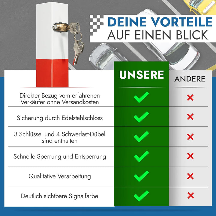 Parkpfosten Absperrpfosten klappbar 65cm Hoch Parkplatzsperre je Poller 3 Schlüssel 4 Schwerlastdübe