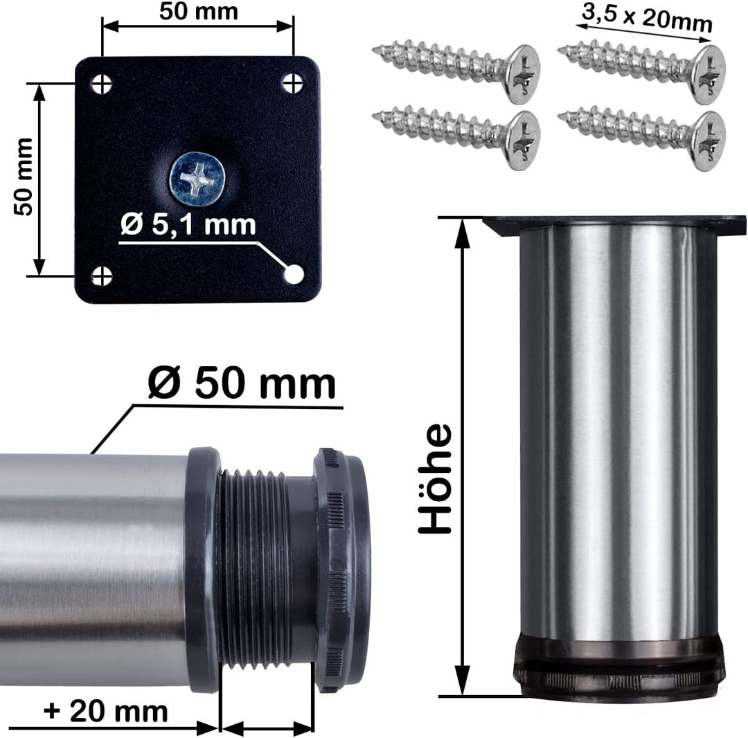 Stahlia Möbelfüsse Edelstahl verstellbar (4er Set) Ø50mm | Höhe: 100mm (+20mm) Schrankfüsse für Side