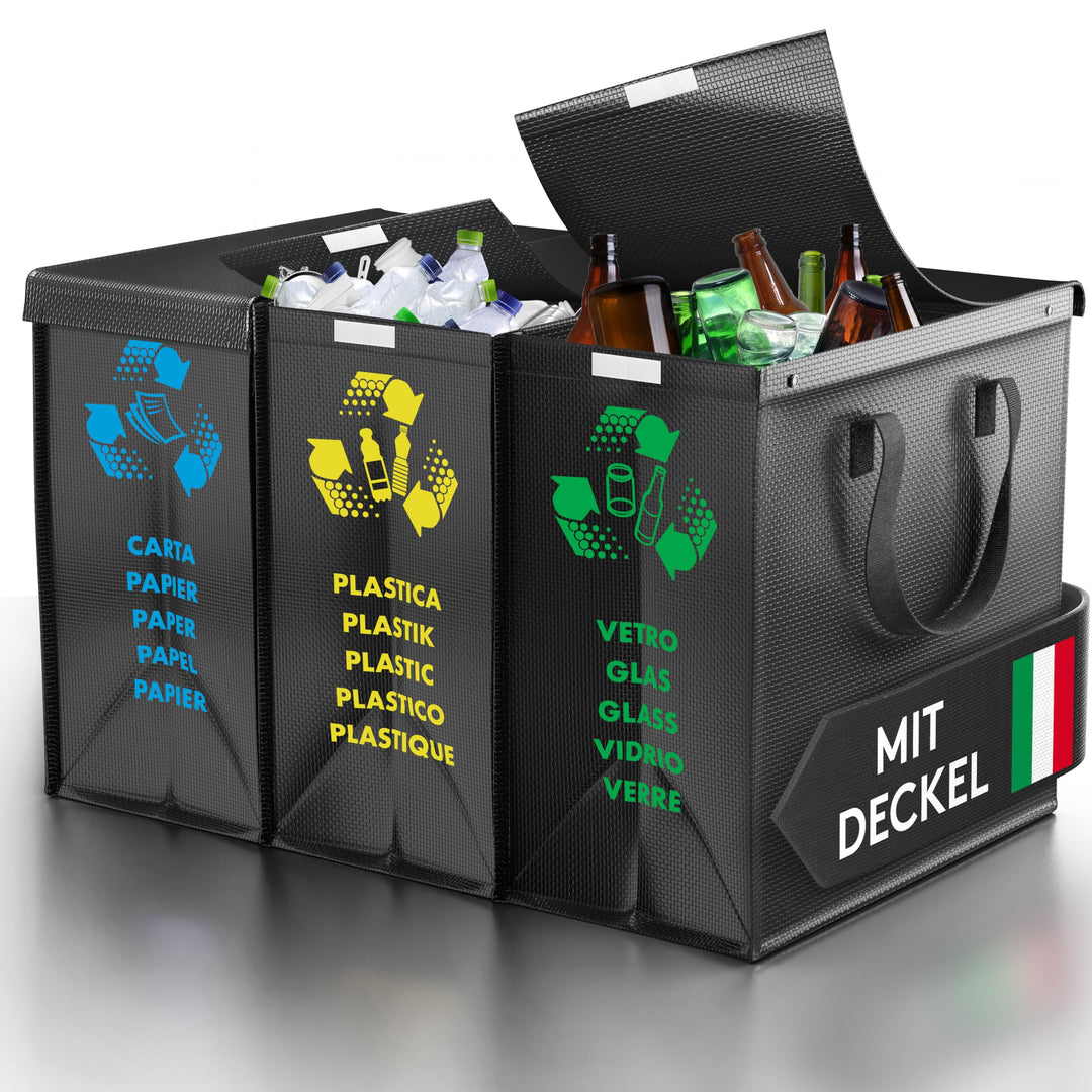 PTMS® Mülleimer 3 Fächer inkl. DECKEL - Mülltrennsystem Taschen für Papier, Glas & Plastik - Recycli
