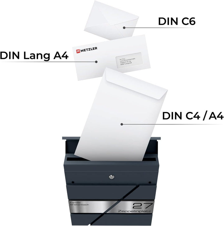 Metzler Wandbriefkasten Modell Zeppelin - Pulverbeschichtetes Matt Anthrazit RAL 7016 | V2A Edelstah