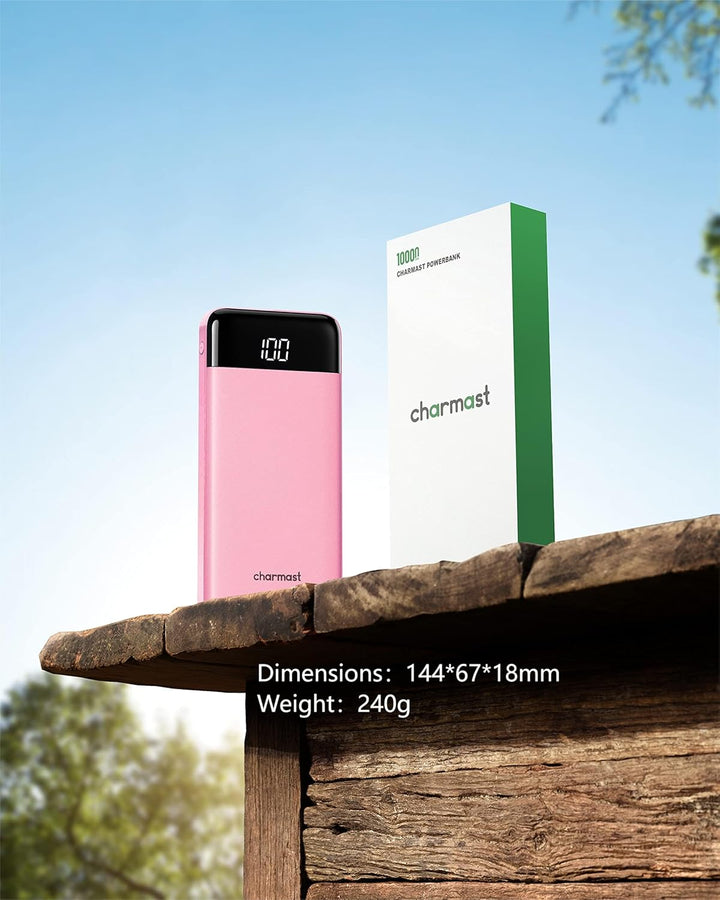 Charmast Powerbank 10000mAh Externer Akku USB C Power Bank mit 4 integriertes Ladekabel Tragbares La