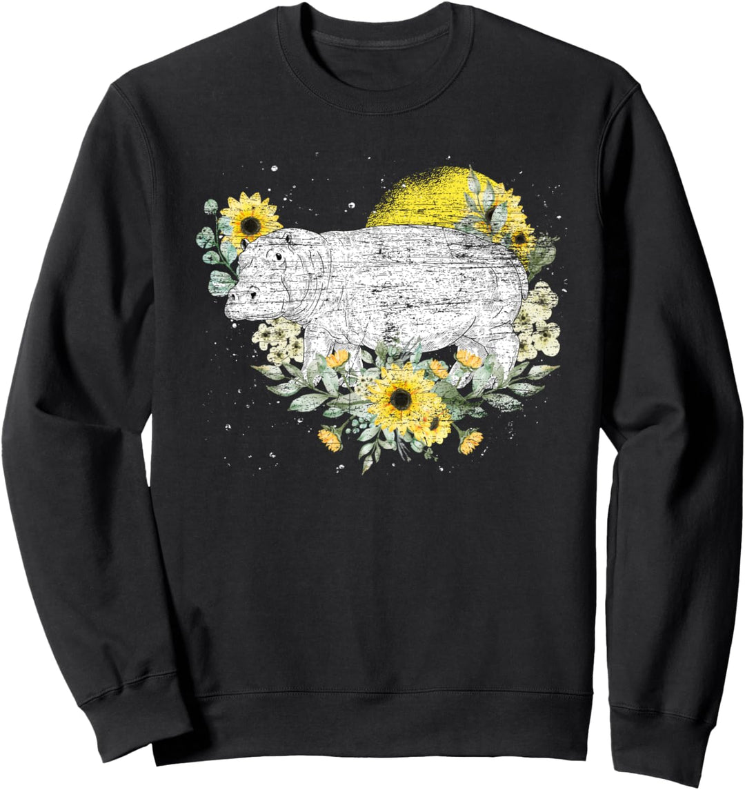 Gelbe Sonnenblume Hippo Afrika Zoo Tier Vintage Nilpferd Sweatshirt