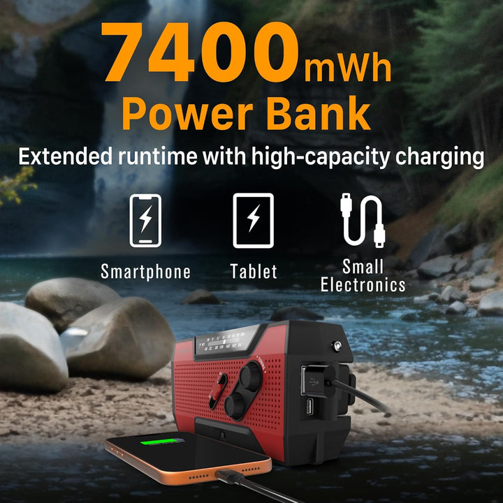 FosPower - Notfallradio NOAA/AM/FM mit 7400mWh Tragbare Powerbank - Aufladung per USB/Solar/Handkurb
