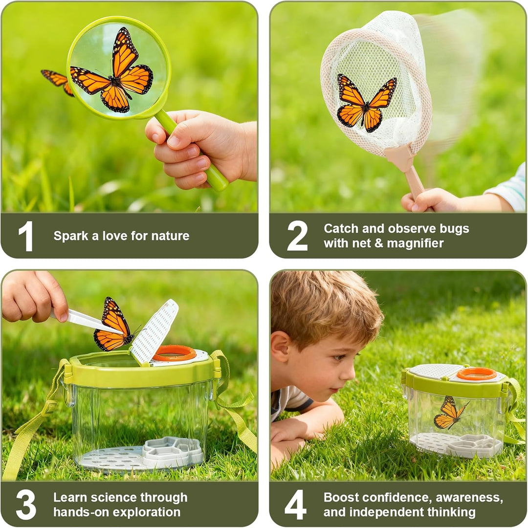 Dreamon Kinderschubkarre Garten Set mit Werkzeugen & Insekten-Entdecker Set – 17 PCS Entdecker- Schu