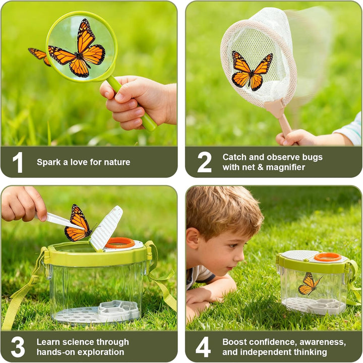 Dreamon Kinderschubkarre Garten Set mit Werkzeugen & Insekten-Entdecker Set – 17 PCS Entdecker- Schu