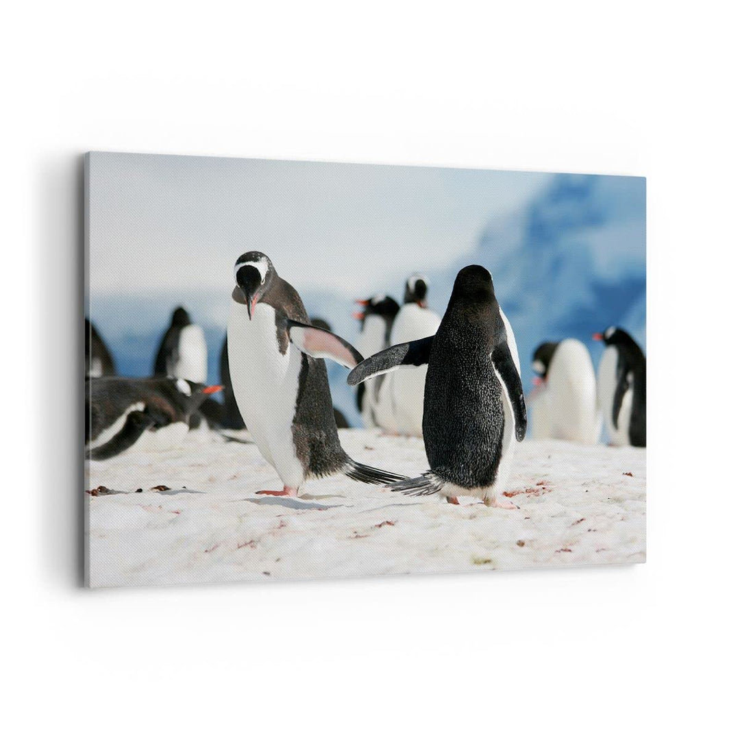 Bilder auf Leinwand 100x70cm Leinwandbild Pinguine Winter Natur Schnee Gross Wanddeko Bild Schlafzim