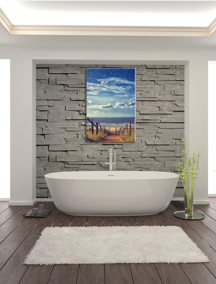 Pixxprint Weg zum Strand am Meer Kunst Buntstift Effekt, Format: 100x70 auf Leinwand, 100x70
