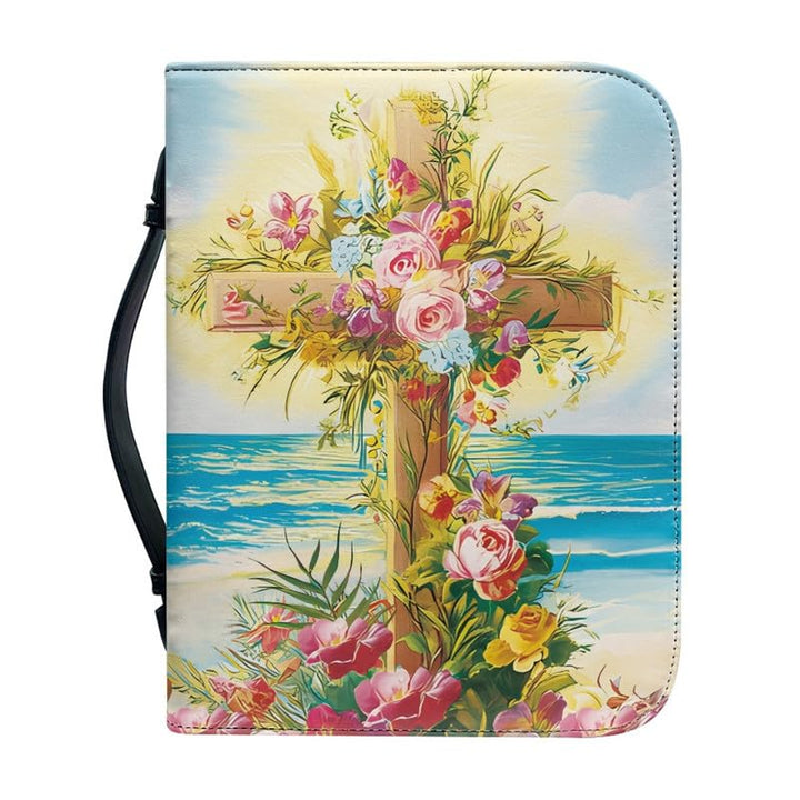 Kuiaobaty Gemaltes Kreuz Blumen Bibeletui mit Griff, Meereslandschaft Vegan PU Leder Buchhülle mit R