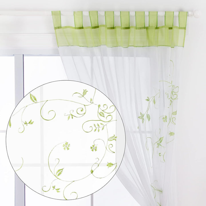 SIMPVALE 2 stücks Vorhänge Gardinen Stickerei mit Laschen für Zimmer Breite 140 cm, Grün, Höhe 145cm