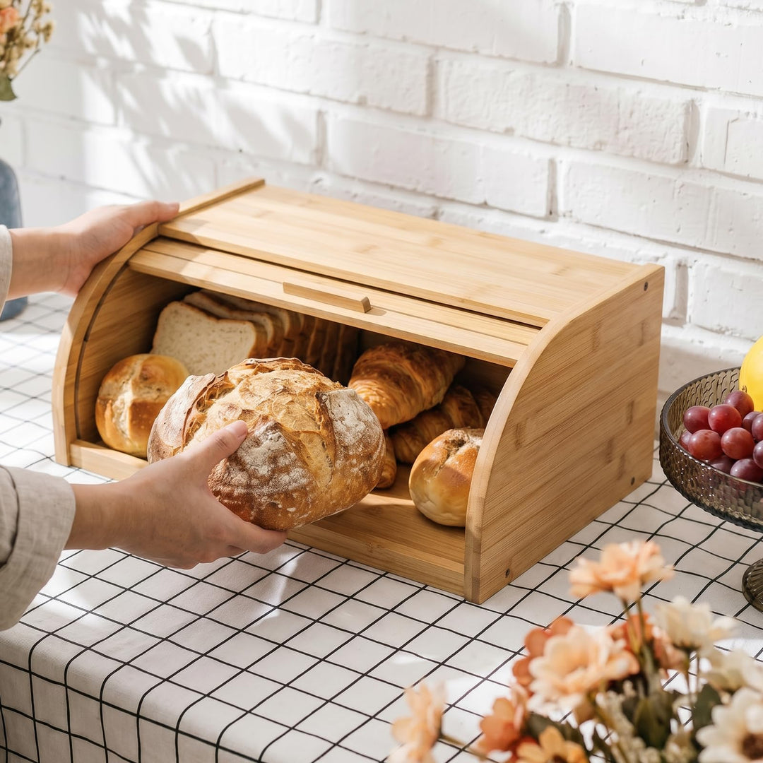 Grosser Brotkasten aus Naturholz, 41 x 27 x 13 cm – Traditioneller Brotkasten mit Rollverschluss – B