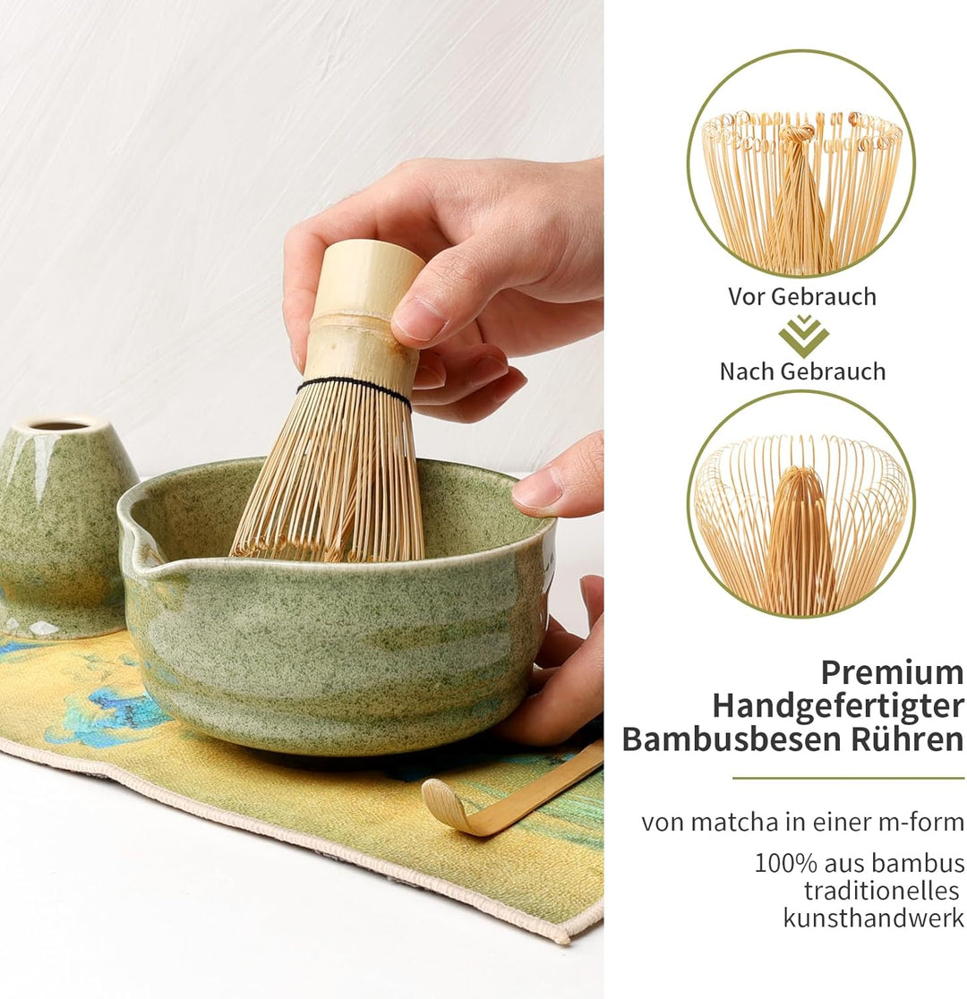 Matcha Set 7-Teilig, Japanisches Teezeremonie Set mit Keramikschale Bambus Besen, Sieb, Löffel, Halt
