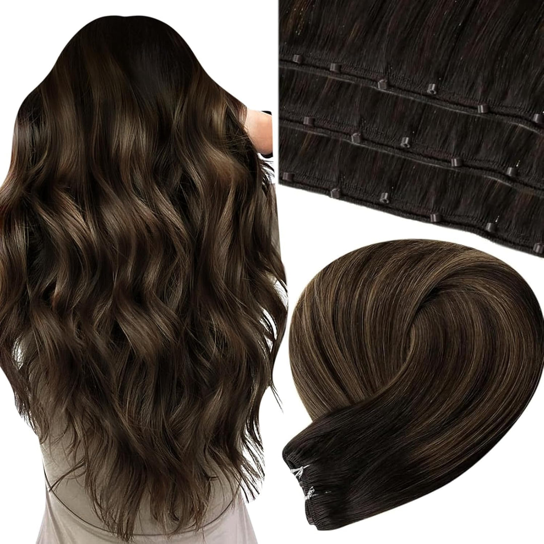 LaaVoo EZ Weft Extensions Echthaar Braun Balayage Microbeads Echthaar Extensions Glatt Micro Tressen