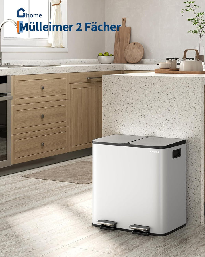GarveeHome Mülleimer 2 Fächer 30 L, Mülltrennsystem mit 2 x 15 L Deckel aus Edelstahl, Treteimer Küc