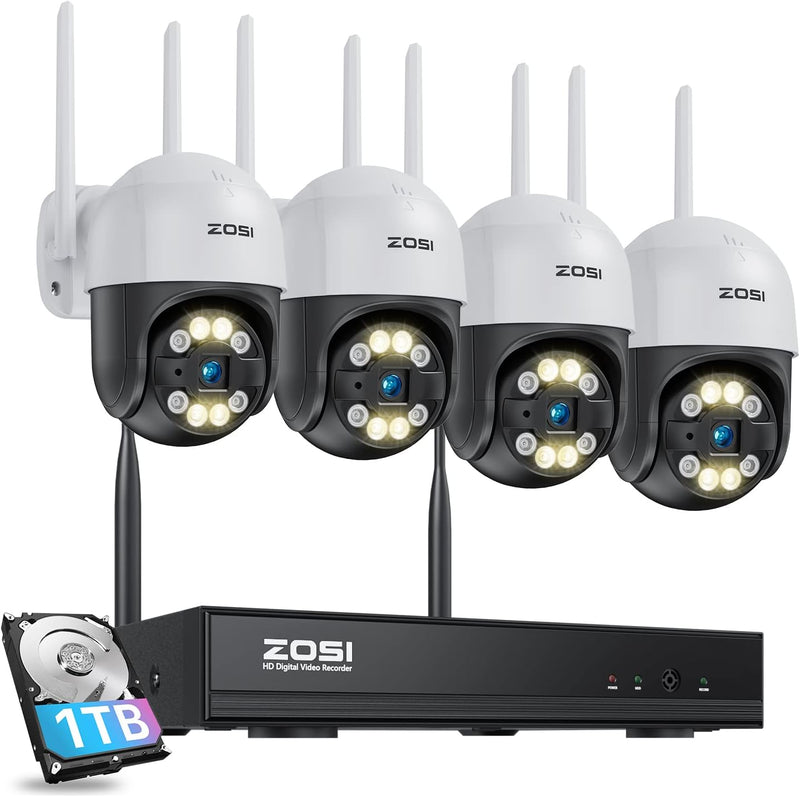 ZOSI 3MP Überwachungskamera Set WLAN Aussen, 4X Schwenkbar Pan/Tilt Dome Kamera 355°/140° 8CH 1TB HD