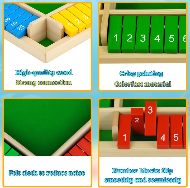 Shut The Box Spiel 4-Spieler, Holz Brettspiel Holz Mathematik Traditional Pub Board Würfelspiel Reis