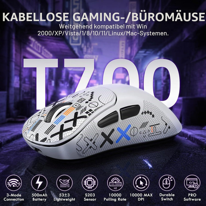LexonElec HXSJ T700 Ultra-Light Wireless Gaming Mouse, Ergonomischer Formfaktor für Rechtshänder, BT