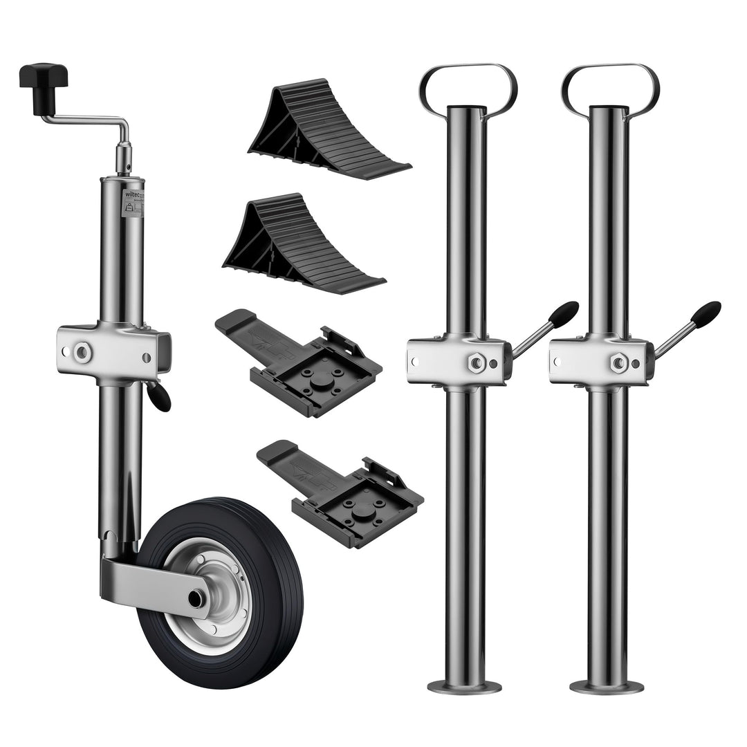 Wiltec Anhänger Set 10-teilig, Stützrad bis 362 kg Traglast mit Klemmhaltern, Stützen & Unterlegkeil
