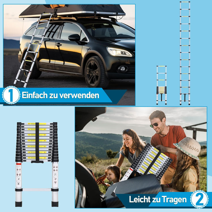 Fiqops 3.2M Aluminium Teleskopleiter, Ausziehbare Leiter 150 kg Belastbarkeit, Rutschfester Aluleite