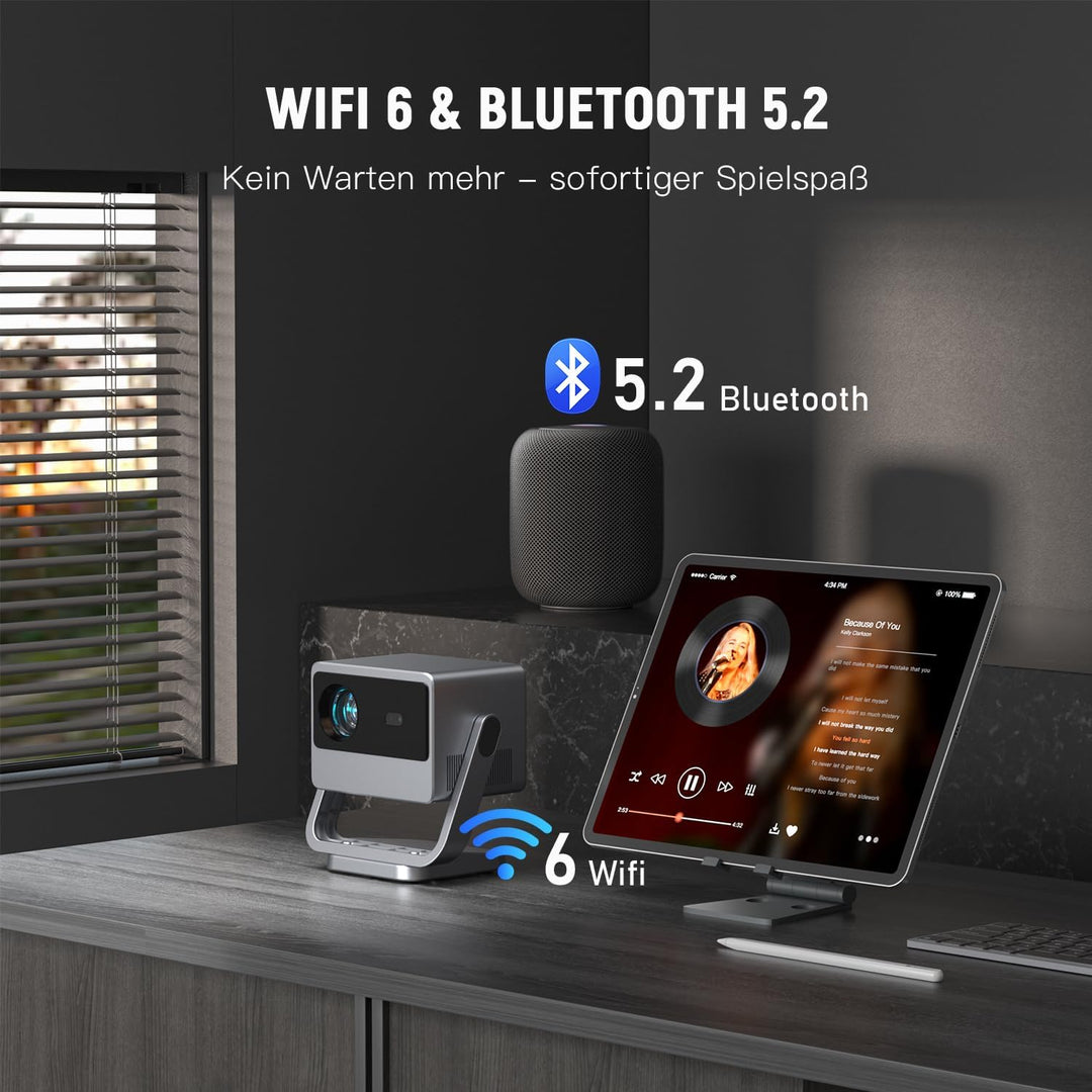 Smart Mini Beamer, VOPLLS Autofokus/Trapezkorrektu 30000 Lumen Tragbarer Beamer 4K Unterstutzt, WiFi