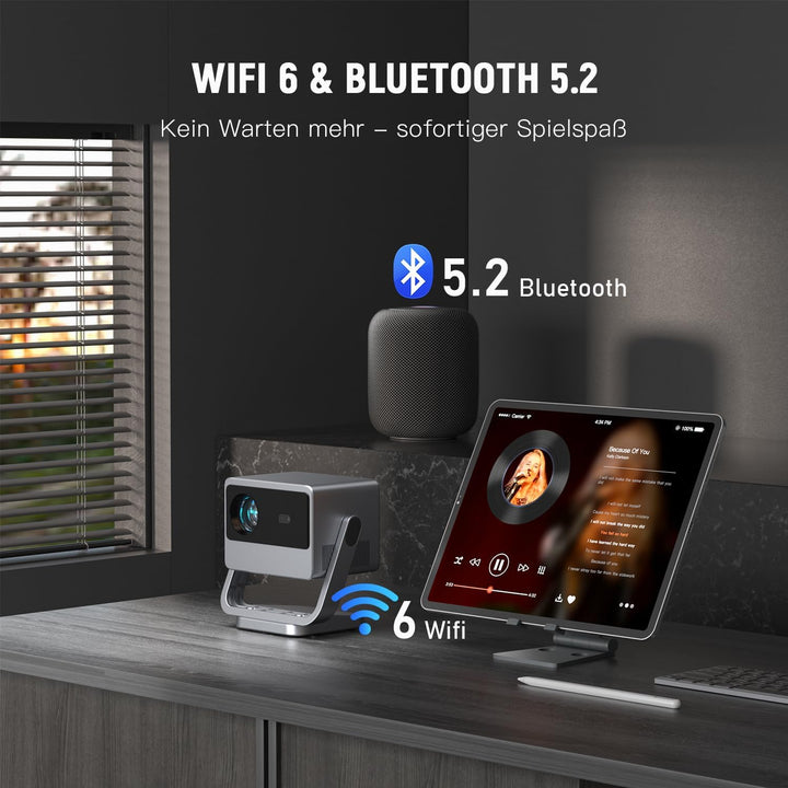 Smart Mini Beamer, VOPLLS Autofokus/Trapezkorrektu 30000 Lumen Tragbarer Beamer 4K Unterstutzt, WiFi